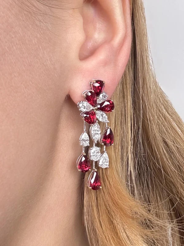 No name PEAR RUBY 5.56 CT "PIGEON'S BLOOD" MOZAMBIQUE & MIXCUT DIAMONDS 3.12 CT EARRINGS (GUILD) R5.56ct 3