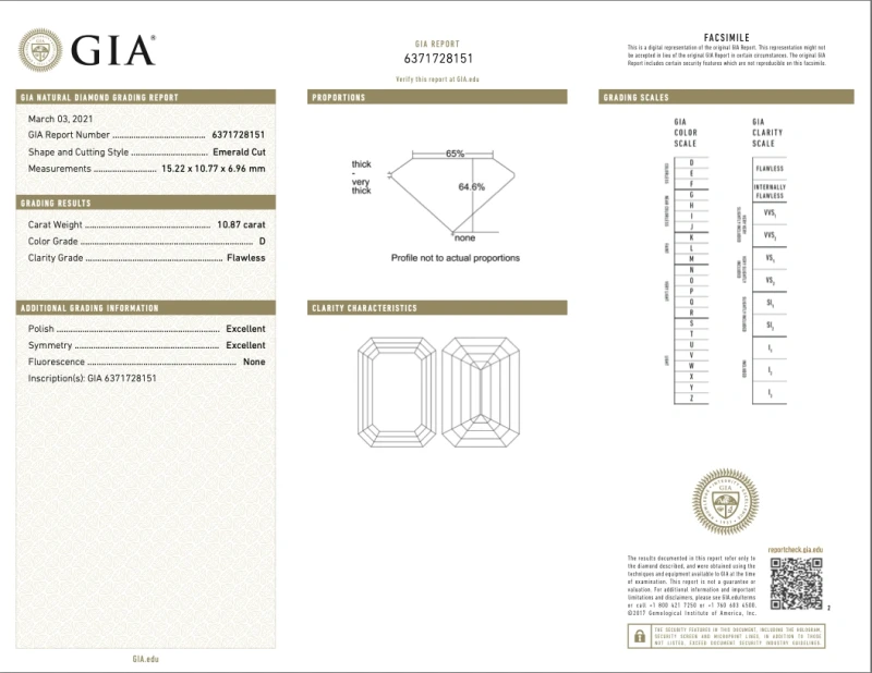Harry Winston EMERALD-CUT DIAMOND 10.87 CT FL EX EX 10.87 FL 6