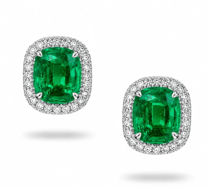 Emerald 2.20 - 2.15 ct Vivid Green and Diamond Earrings (GRS)