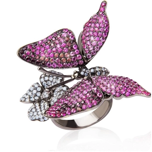 MONARCH BUTTERFLY PINK SAPPHIRES, DIAMONDS AND MOTHER OF PEARL RING 