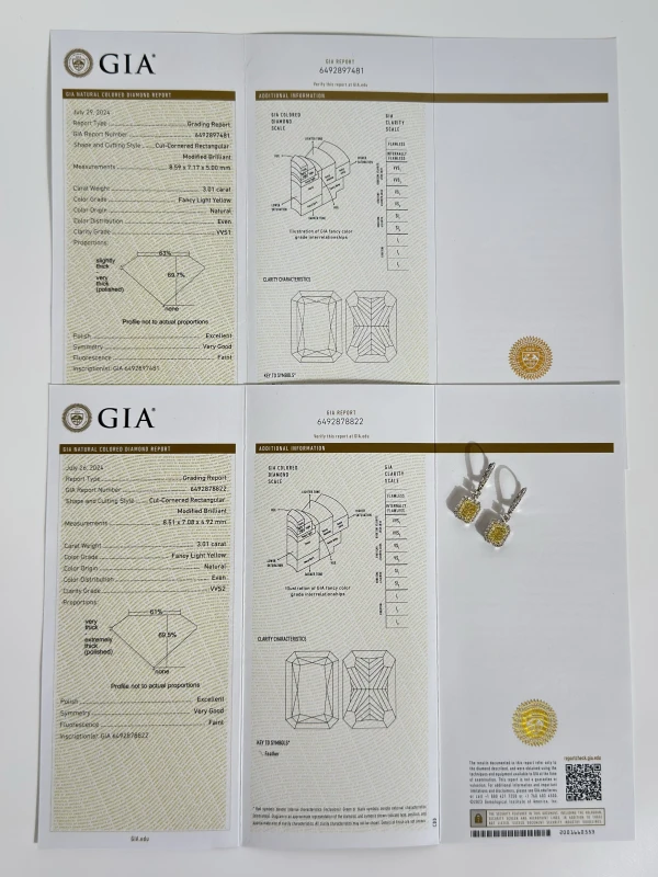 Earrings without a brand RADIANT DIAMOND 3.01 - 3.01 CT FANCY LIGHT YELLOW/VVS1-VVS2 EARRINGS (GIA) NN3.01-3.01FLY 6