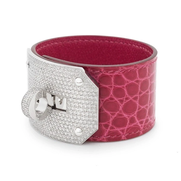 HERMES Hermes Kelly Diamond Fuchsia Crocodile Wide Cuff White Gold Bangle Bracelet (SIZE 15) Hermes1033 4