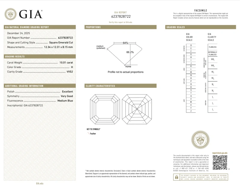 Earrings without a brand ASSCHER DIAMOND 10.01 CT H/VVS2 RING (SIZE 51) GIA NN10.01 CT H/VVS2 2