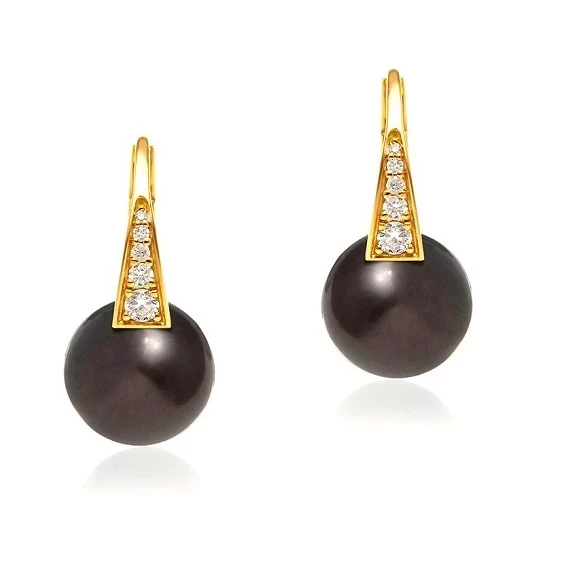 CHOCOLATE PEARLS AND DIAMONDS EARRINGS, YELLOW GOLD