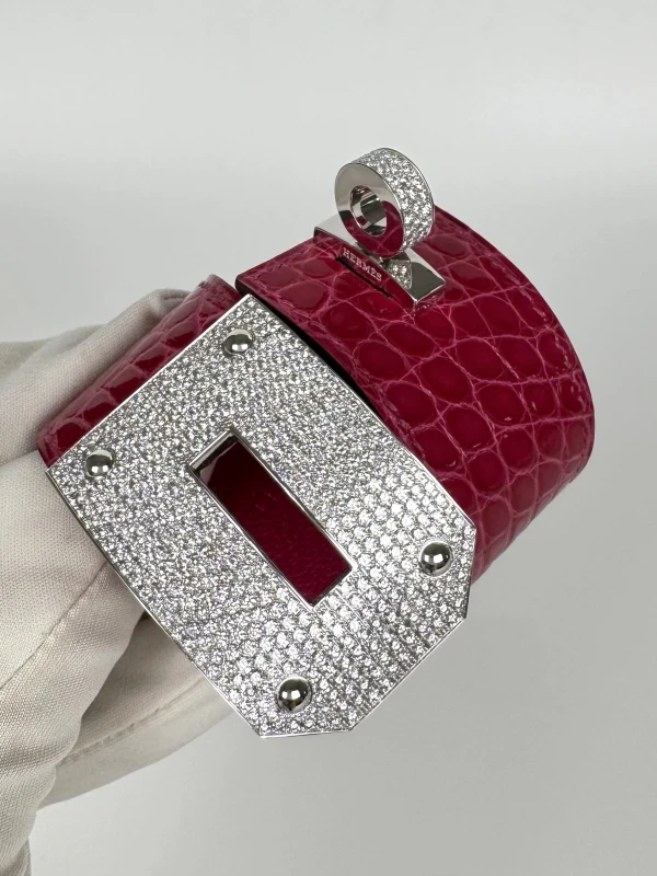 HERMES Hermes Kelly Diamond Fuchsia Crocodile Wide Cuff White Gold Bangle Bracelet (SIZE 15) Hermes1033 7