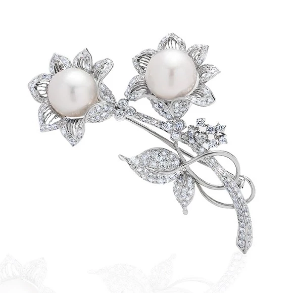 TWO FLOWERS PEARL AND DIAMOND BROOCH