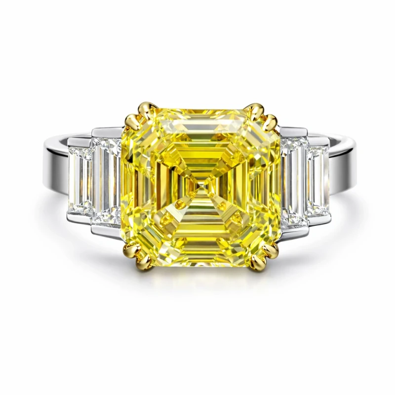 ROYAL ASSCHER DIAMOND 4.38 CT FANCY INTENSE YELLOW/VVS2 RING (GIA)