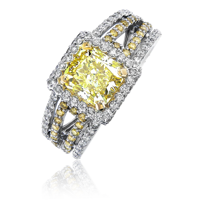 CUSHION DIAMOND 2.09 CT FANCY YELLOW/VS1 RING (SIZE 53)