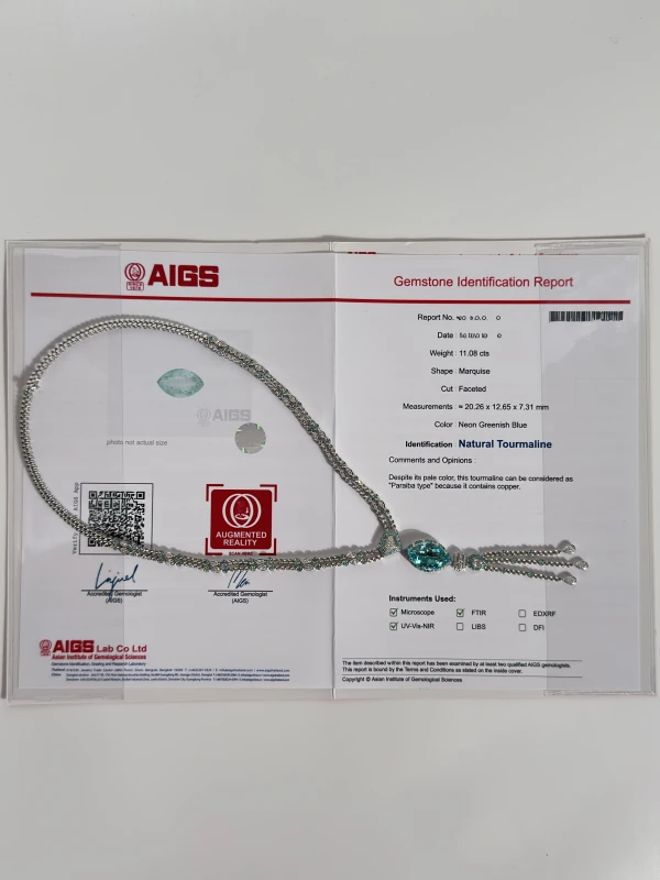 No name PARAIBA TOURMALINE 11.08 CT NEON GREENISH BLUE NECKLACE (AIGS) PARAIBA 11.08 CT 7