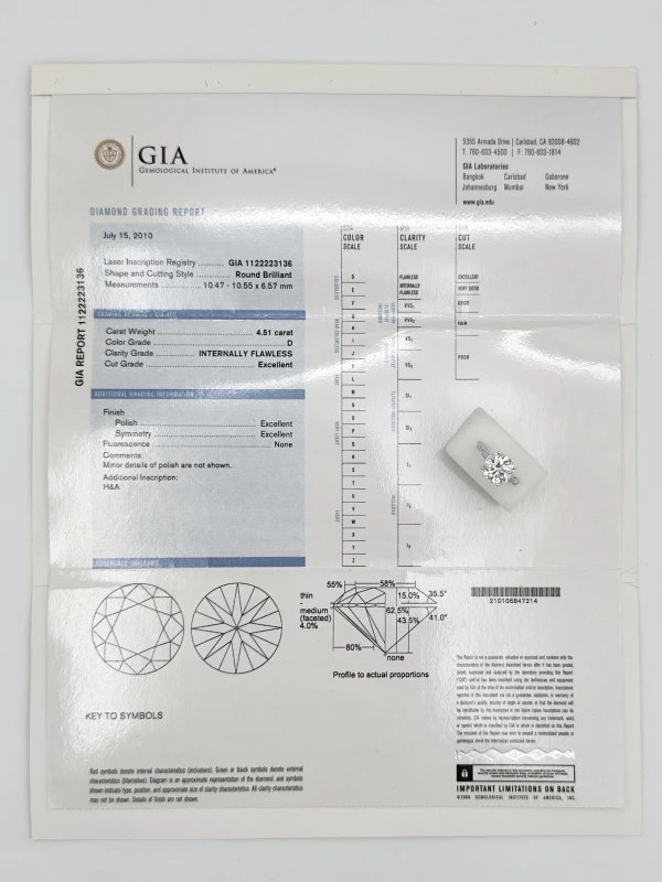 Earrings without a brand ROUND DIAMOND 4.51 D/INTERNALLY FLAWLESS RING (GIA) NN4.51 4