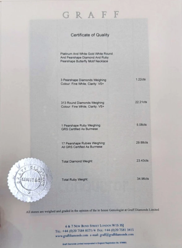 Graff BUTTERFLY RUBY 34.91 CT & DIAMOND 23.44 CT NECKLACE GR 34.96 3