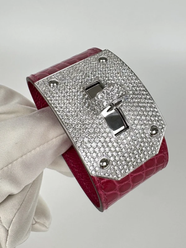 HERMES Hermes Kelly Diamond Fuchsia Crocodile Wide Cuff White Gold Bangle Bracelet (SIZE 15) Hermes1033 6