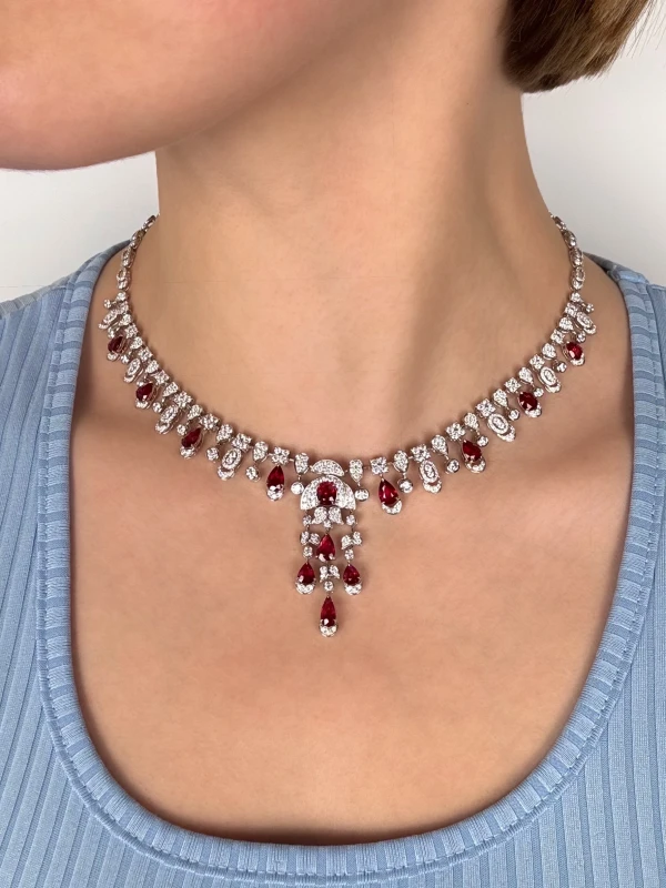 No name VIVID RED RUBY&DIAMONDS NECKLACE nnR1.30 2