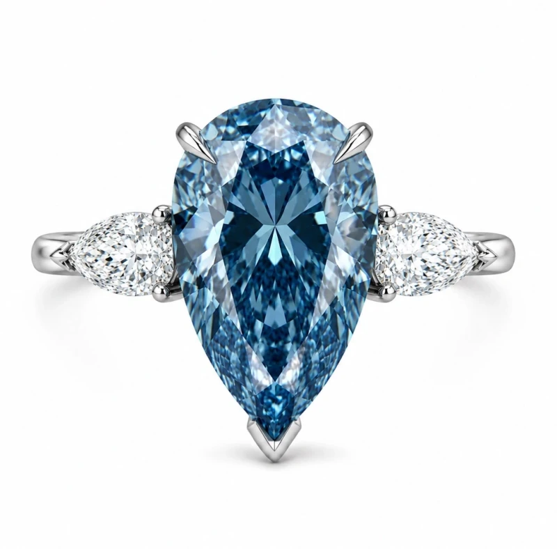 PEAR DIAMOND 5.21 CT FANCY VIVID GREENISH BLUE*/VVS1 RING (SIZE 51) GIA