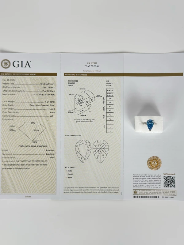 Earrings without a brand PEAR DIAMOND 5.21 CT FANCY VIVID GREENISH BLUE*/VVS1 RING (SIZE 51) GIA NN5.21CT FVGB/VVS1 6