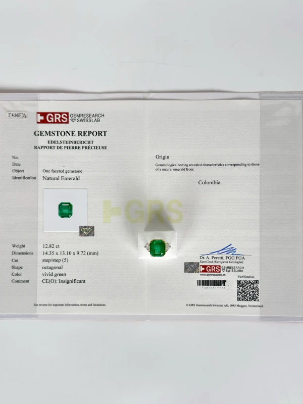 No name Colombia Emerald 12.82 ct Vivid Green Ring (GRS) NN12.82 5