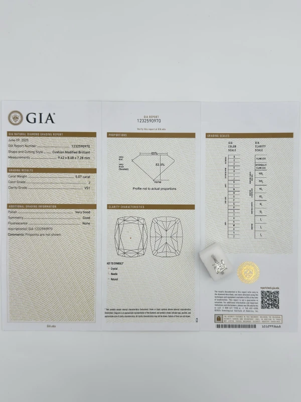 No name CUSHION 5.07 CT J/VS1 DIAMOND RING ( SIZE 52) nn5.07ct-J/VS1 5