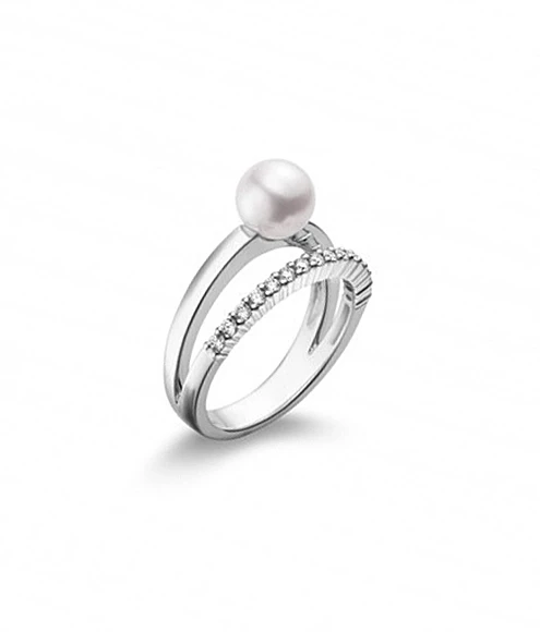 AKOYA CULTURED PEARL AND DIAMOND RING– 18K WHITE GOLD 
