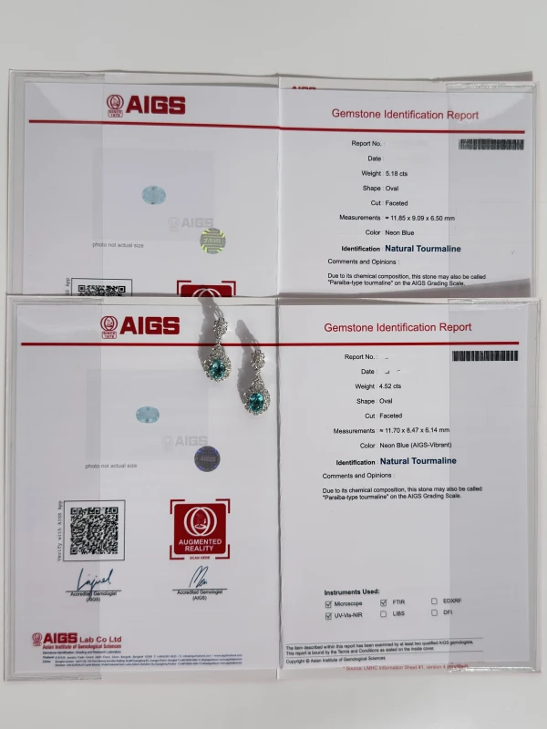 No name PARAIBA TOURMALINE 5.18 - 4.52 CT EARRING (AIGS) NN 5.18-4.52 CT 6