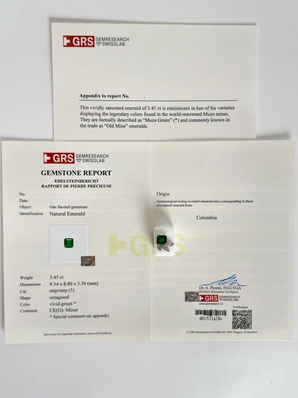 DeRosa COLOMBIA EMERALD 12.26 - 2.90 - 3.45 CT MUZO GREEN SET (GRS) R150140/E501702 5