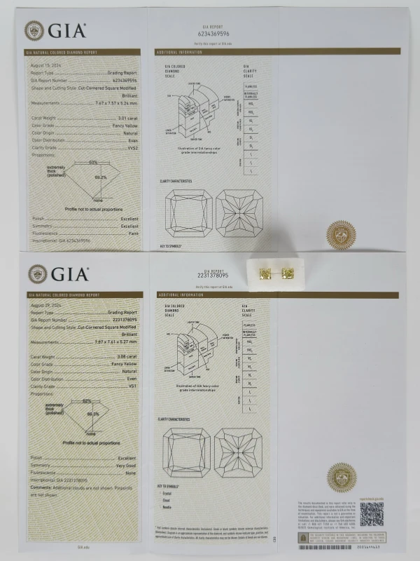 No name RADIANT DIAMOND 3.01-3.08 CT FANCY YELLOW/VVS2-VS1 EARRINGS NN3.01-3.08 CT FY/VVS2-VS1 8