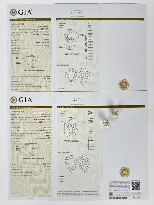 No name PEAR DIAMONDS 2.00-2.11 CT FANCY LIGHT YELLOW/VS1-VS2 EARRINGS NN2.00-2.11CT FLY/VS 8