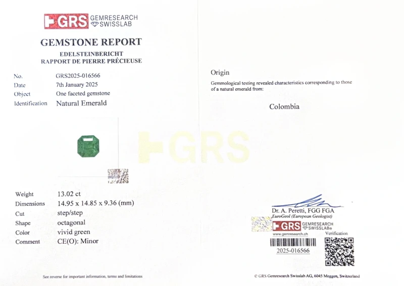No name COLOMBIA EMERALD 13.02 CT "VIVID GREEN" RING (SIZE 51) GRS EM13.02 2