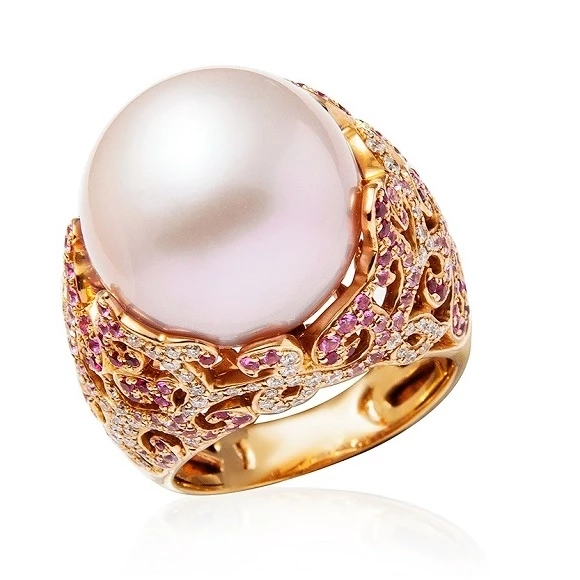 SOUTH SEA PEARL 33.59 CT, PINK SAPPHIRES 2.21 CT, DIAMONDS RING, ROSE GOLD