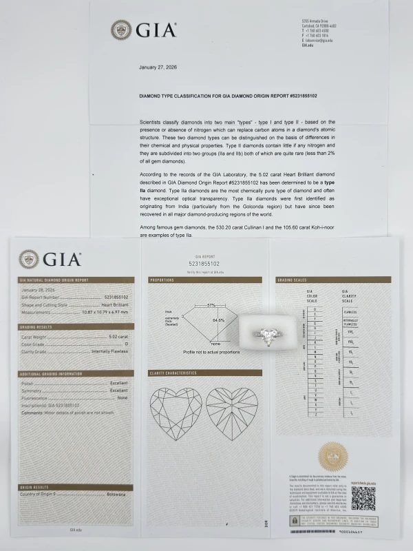 No name HEART DIAMOND 5.02 CT D/INTERNALLY FLAWLESS RING ( TYPE IIa) (GIA) NN5.02CT D/IF 7