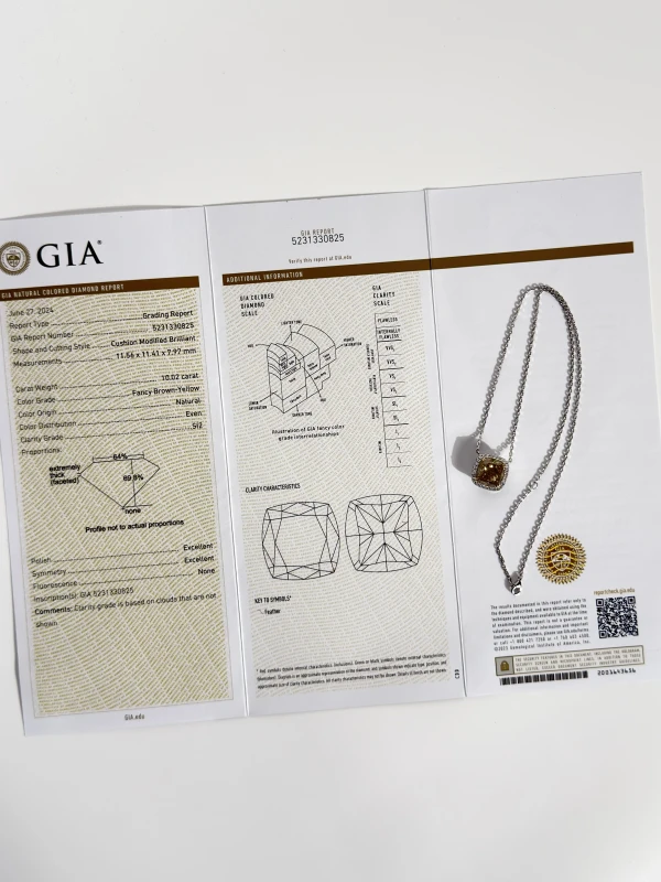 СЕРЬГИ NO NAME CUSHION DIAMOND 10.02 CT FANCY BROWN-YELLOW PENDANT (GIA) NN10.02CTFBY/SI2 6