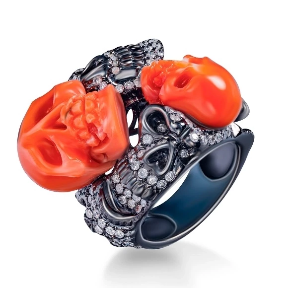 No name CORAL & DIAMOND SKULLS RING Jewelry