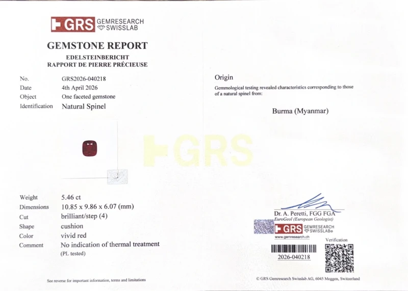 No name CUSHION SPINEL 5.46-5.57 CT VIVID RED  (BURMA) & OVAL DIAMONDS 6.97 D-E/VVS2-VS2 EARRINGS (GRS/GIA) nnS4.46-5.57ct 3
