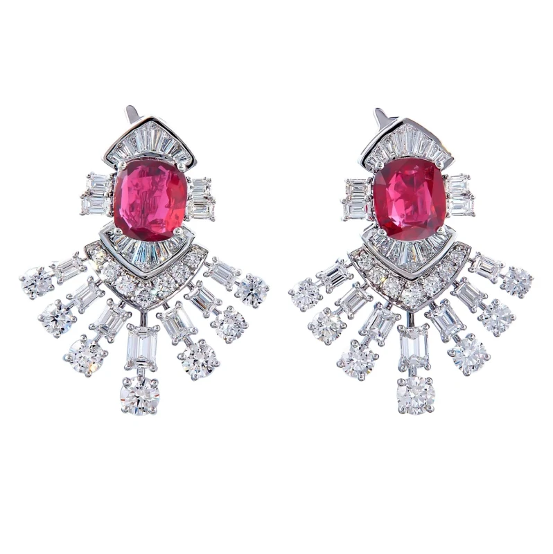 CUSHION RUBY 3.02-3.01 CT AND DIAMONDS EARRINGS