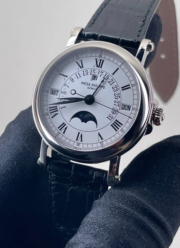 Grand Complications Perpetual Calendar Silver Dial 18kt White Gold Black Leather Men's Watch